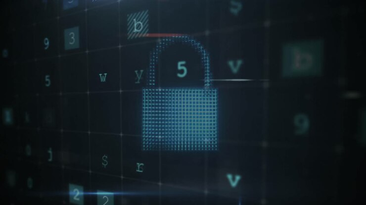 Animation of security padlock over data processing on dark background