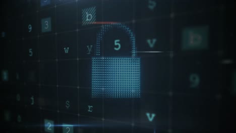 Animation of security padlock over data processing on dark background
