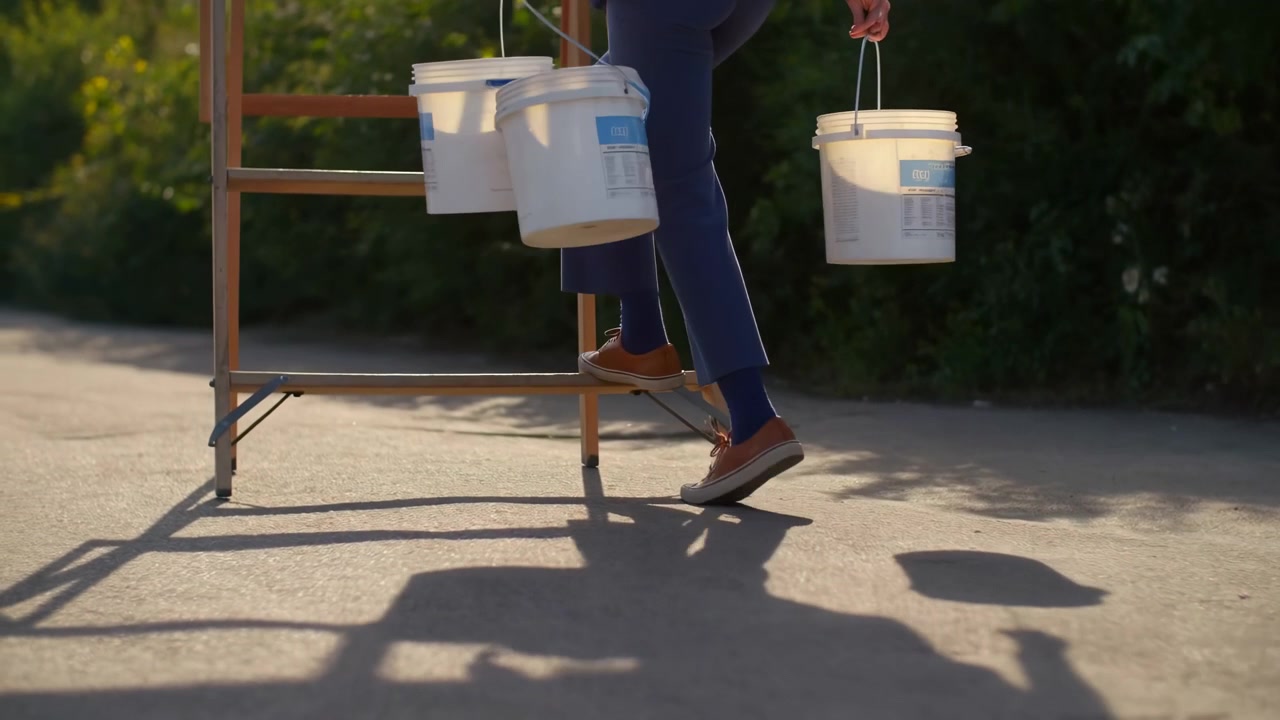 Waist-level view of an adult worker carrying two white paint buckets by metal handles beside a wooden step ladder on a sunlit pavement with blurred green