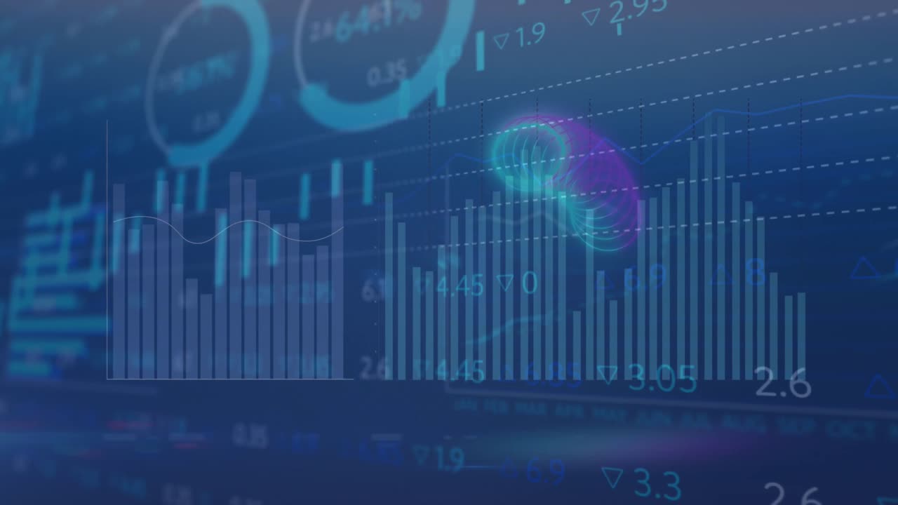 Animation of neon spring shapes moving over statistical data processing against blue background