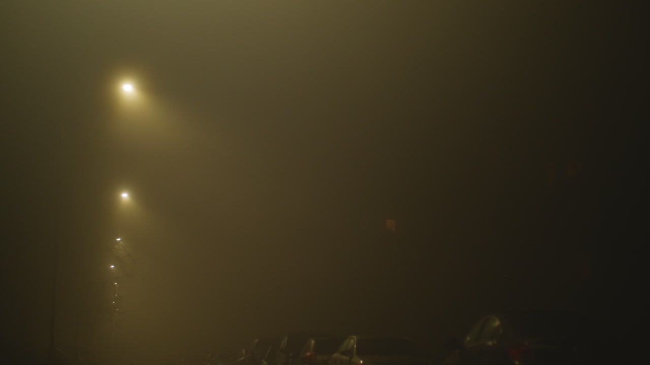 Illuminated Street in the Fog at Night