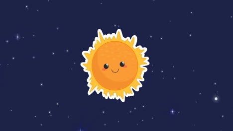 animation of universe with smiling glowing sun and stars on blue sky