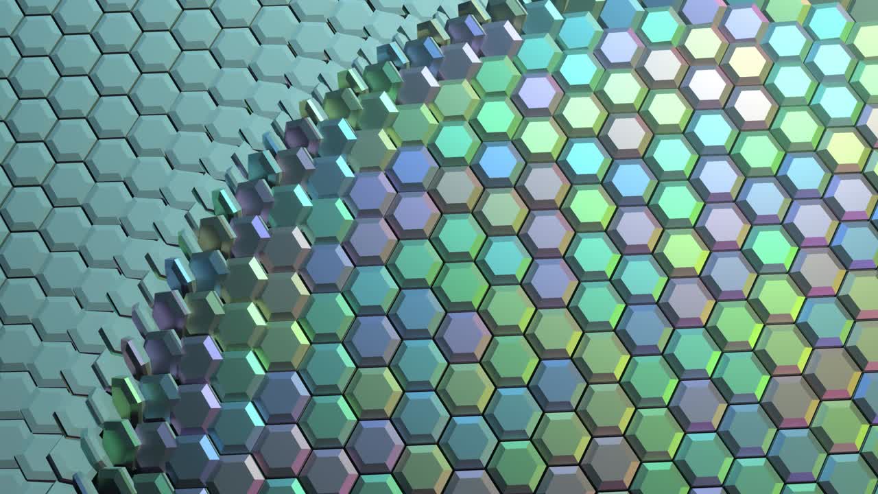 bloques de hexágono artísticos y coloridos, efectos de transición, volando y cerrándose entre sí.