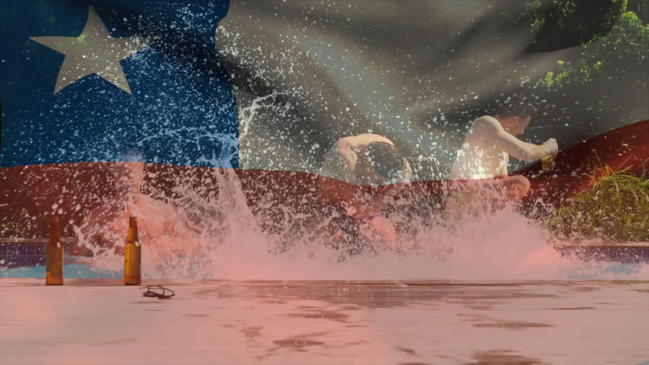 Swimmers creating splashes in pool overlaid with Chilean flag animation