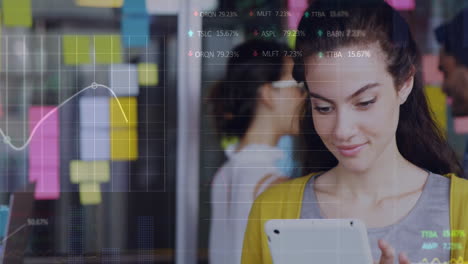 Animación-Del-Procesamiento-De-Datos-Del-Mercado-De-Valores-Contra-Una-Mujer-Birracial-Usando-Una-Tableta-Digital-En-La-Oficina