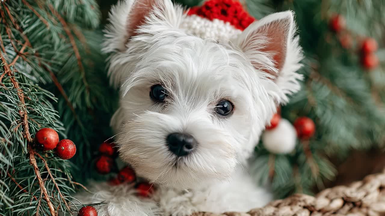 A Cute White Dog Wearing a Holiday Hat Surrounded by Festive Greenery and Christmas Decorations, Capturing the Joy of the Season in Two Charming Frames