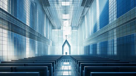 modern church interior with rows of chairs