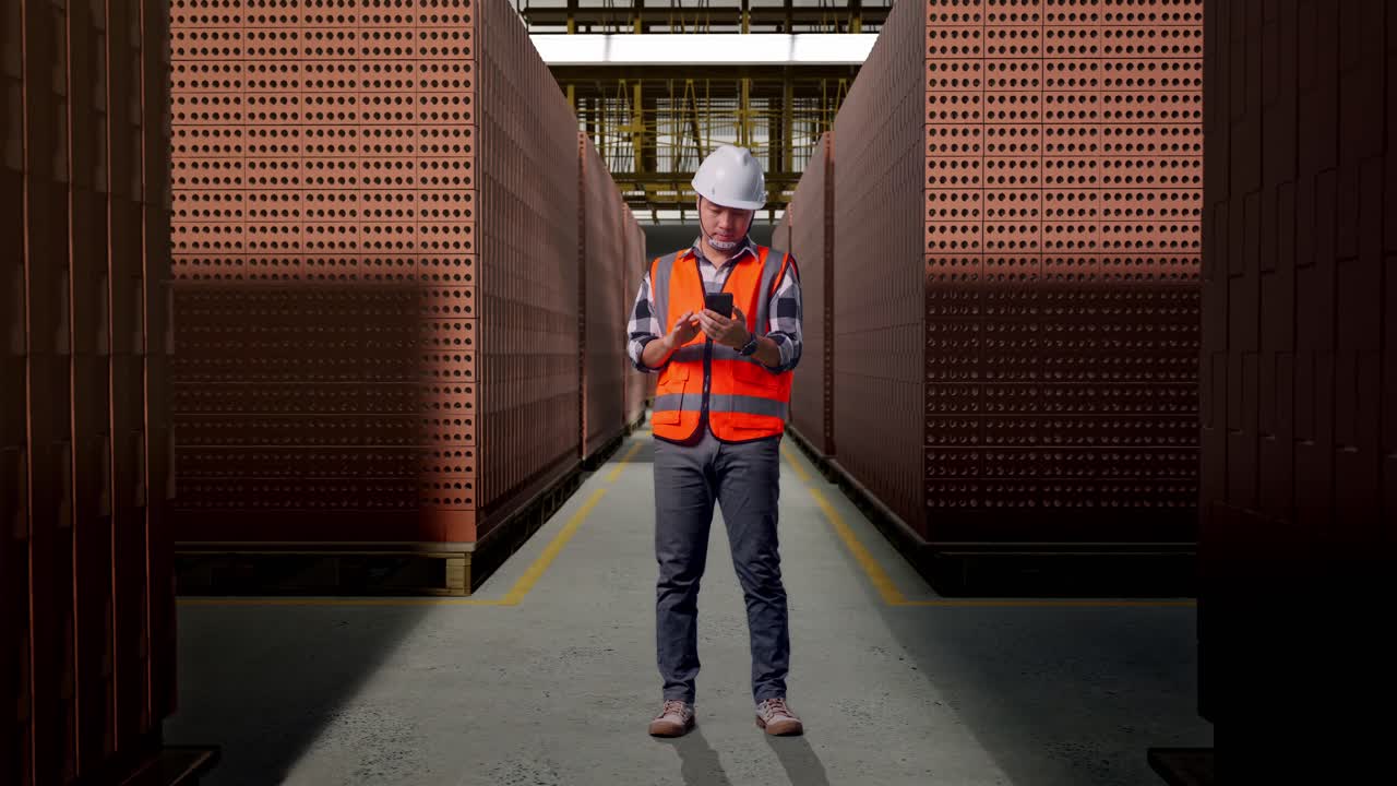Full Body Of Asian Male Engineer With Safety Helmet Using Smartphone While Standing With Red Brick Packed in Stacks Are Stored