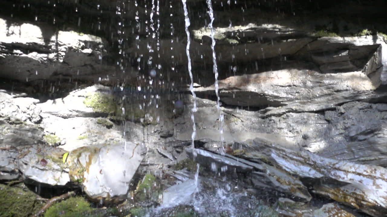 cámara lenta: cascada en un bosque suizo, rocas y musgo