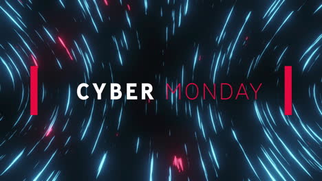 animation of cyber monday text banner over glowing light trails spinning against black background