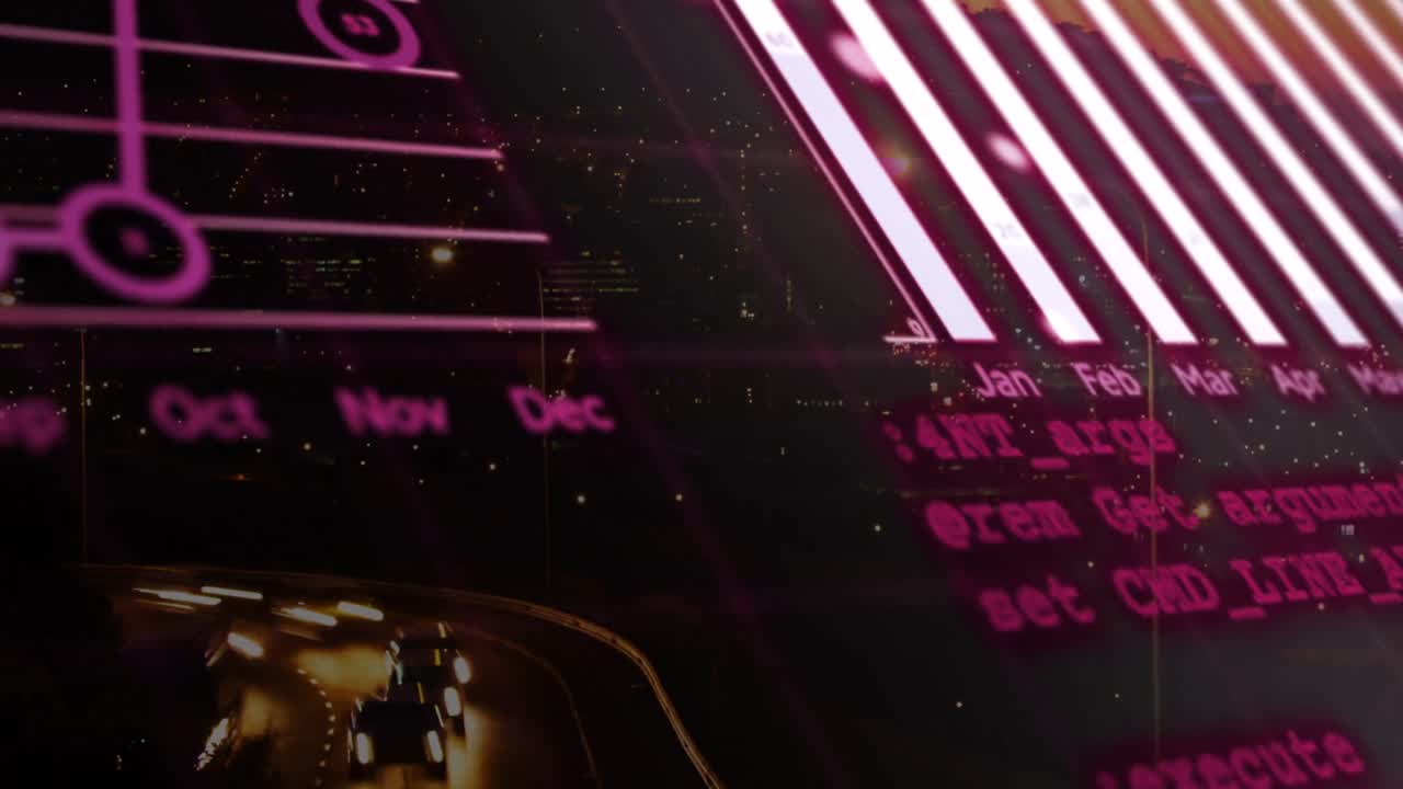 animación del procesamiento de datos estadísticos frente a una vista aérea del tráfico urbano nocturno