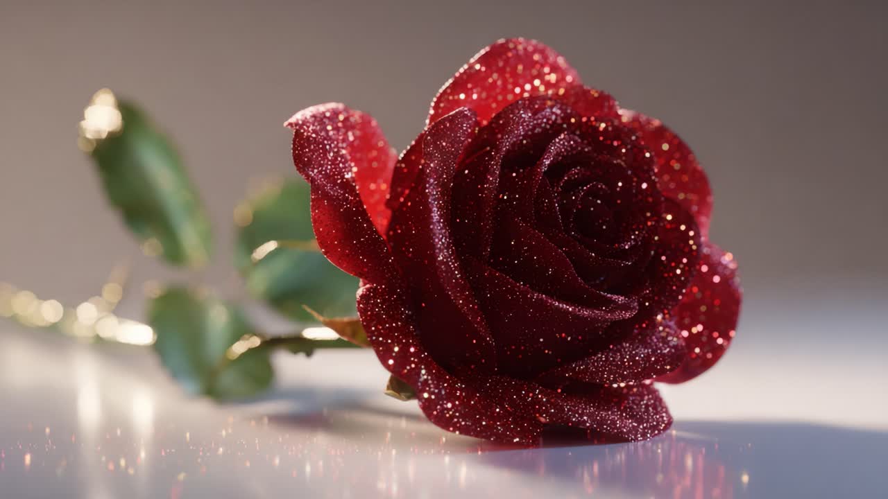 Primo piano di una splendida rosa rossa ornata di glitter scintillanti, che mette in risalto i suoi delicati petali e il colore vibrante in un ambiente luminoso, soffice e invitante