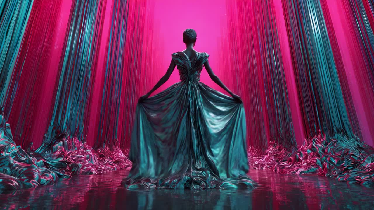Una figura radiosa si erge in un paesaggio incantevole di colori fluenti, dove vivaci fili blu e rosa scendono come cascate, creando un'atmosfera surreale e affascinante intorno a loro