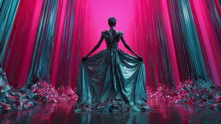 Una figura radiosa si erge in un paesaggio incantevole di colori fluenti, dove vivaci fili blu e rosa scendono come cascate, creando un'atmosfera surreale e affascinante intorno a loro