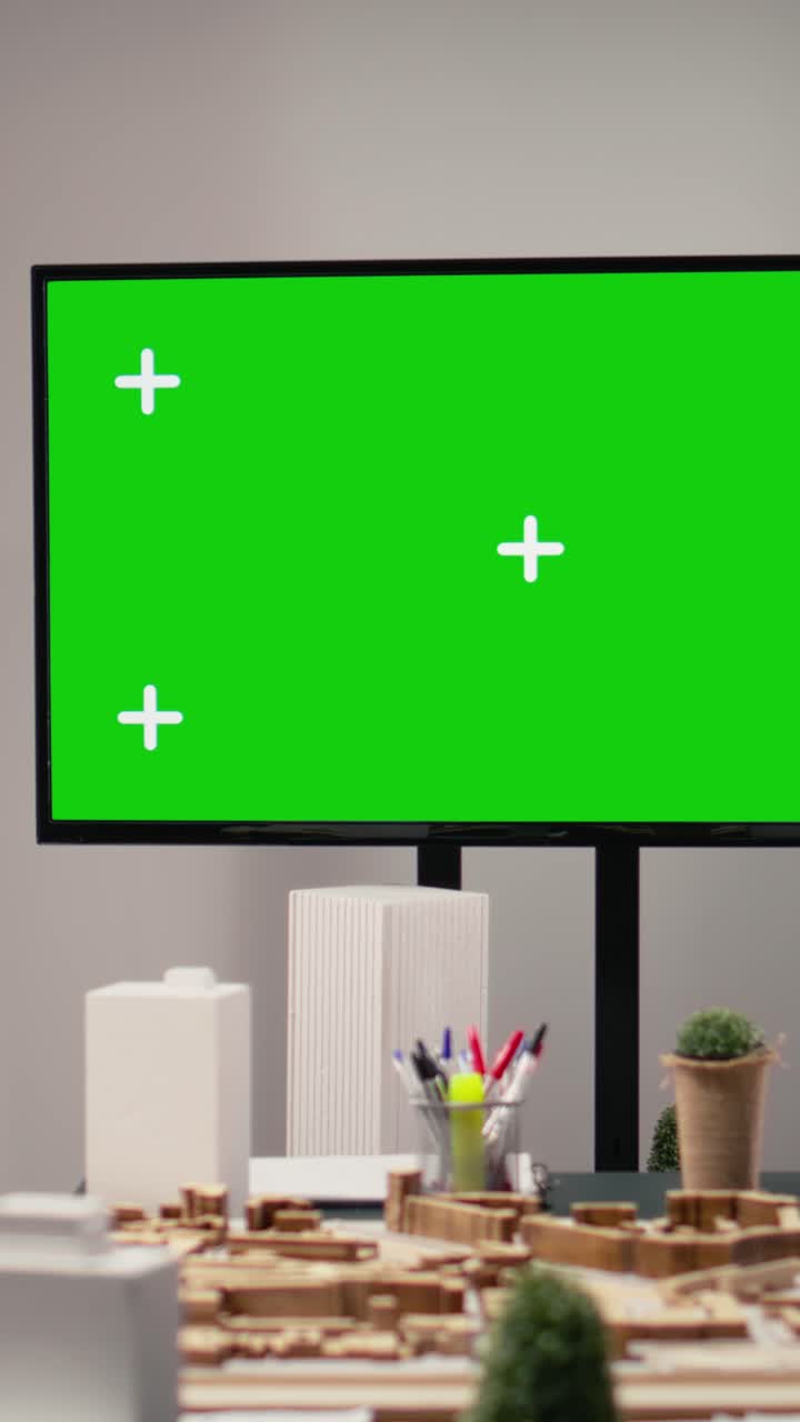 Vertical Video Development and property planning with copy space on TV in empty office