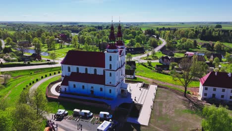 church of the assumption of the blessed virgin mary, skaistkalne in latvia - drone shot