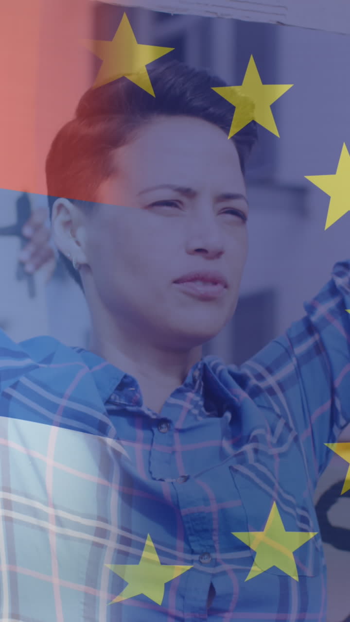 animación de la bandera de los países bajos y la unión europea sobre diversas mujeres y hombres manifestantes