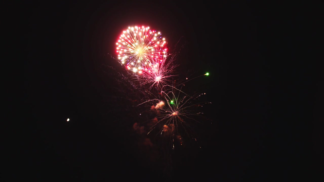 A stunning array of colorful fireworks bursts into the night sky, creating a dazzling show above the park. Families gather to enjoy the vibrant display, celebrating together in joy.