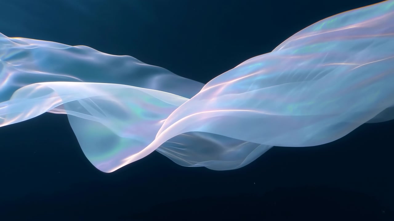 Soft translucent fabric moves in smooth horizontal waves across a dark backdrop, creating an elegant abstract composition with gentle curves, flowing motion, and subtle iridescent highlights under studio lighting