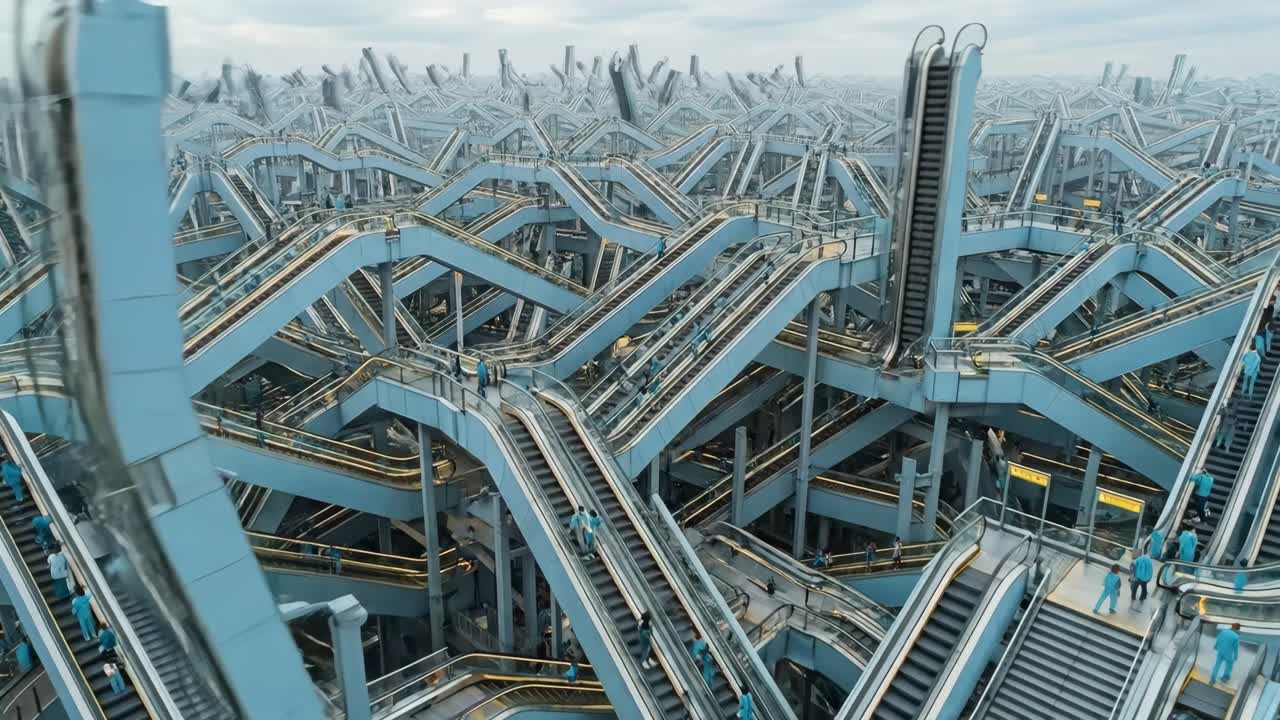 Crowds Navigating a Massive, Intricate Escalator and Stair System