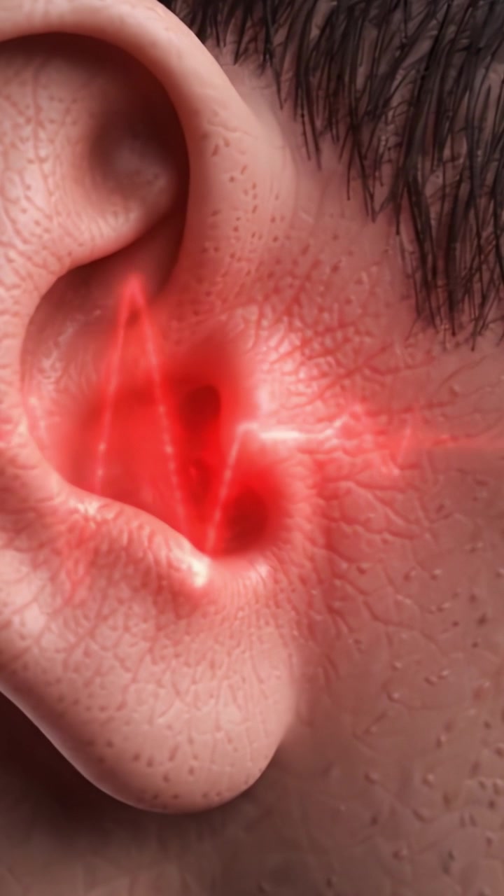 Un'esplorazione approfondita dell'orecchio umano: da una vista dettagliata a una rappresentazione luminosa che indica l'attività dell'orecchio interno e i punti salienti della salute