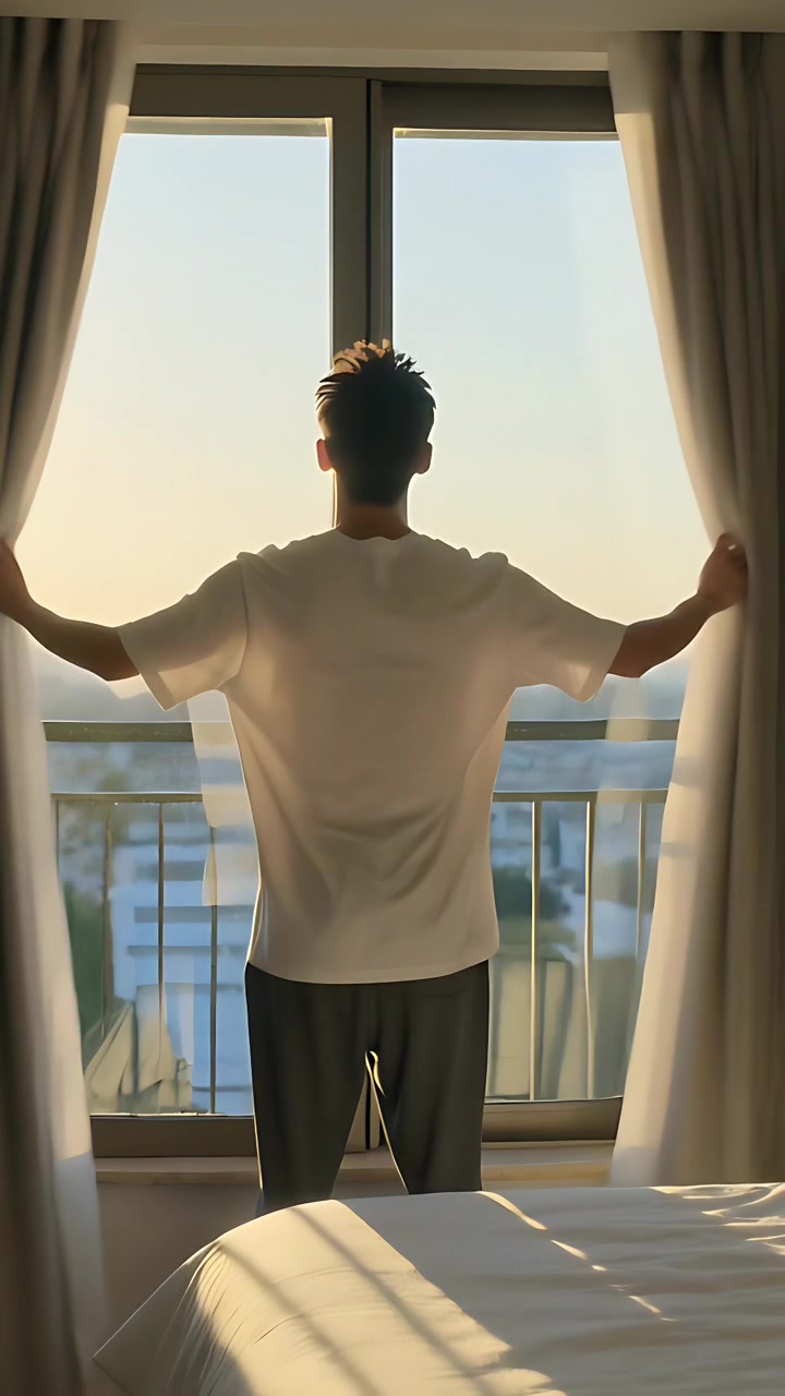 Video verticale: Vedere la luce, uomo che apre le tende in camera da letto in maglietta bianca, rivelando la vista dal balcone