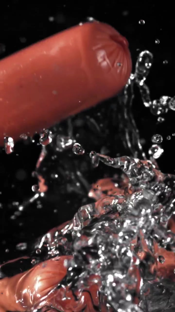 Salsiccia rossa che cade nell'acqua con schizzi al rallentatore
