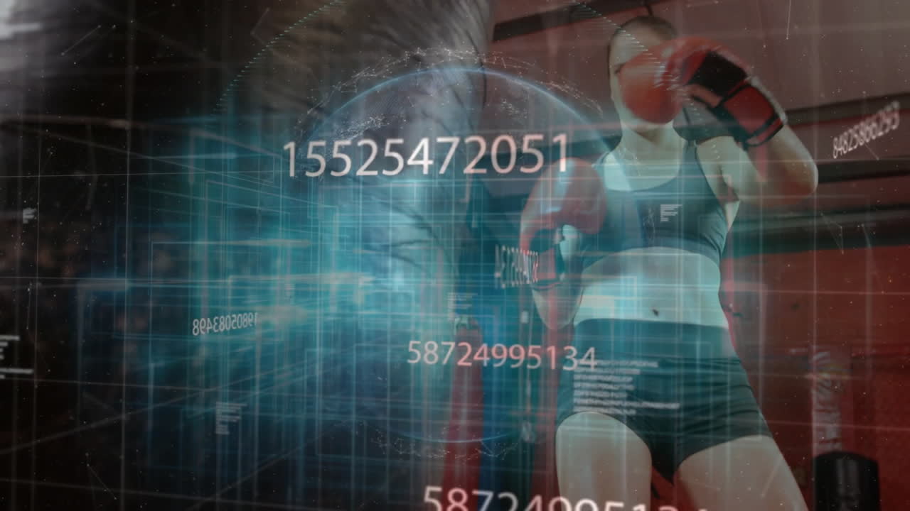 Woman throwing punch in fitness studio, with holographic grid and floating data overlays