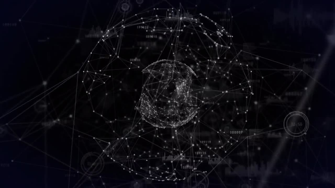 Animation of spinning globe, data processing and network of connections on black background