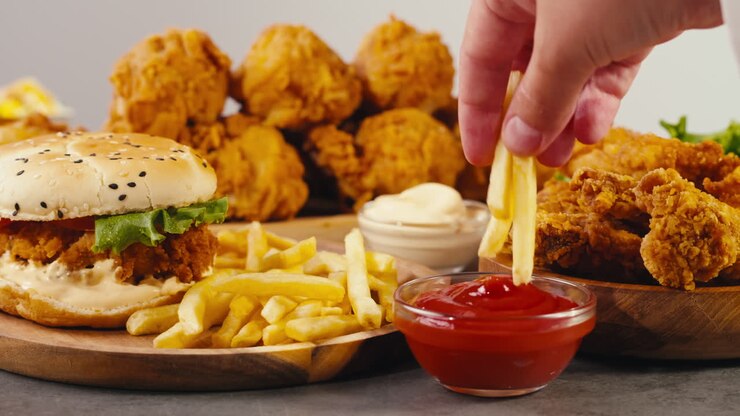 Hand picking up fries with a side of chicken and burger meal