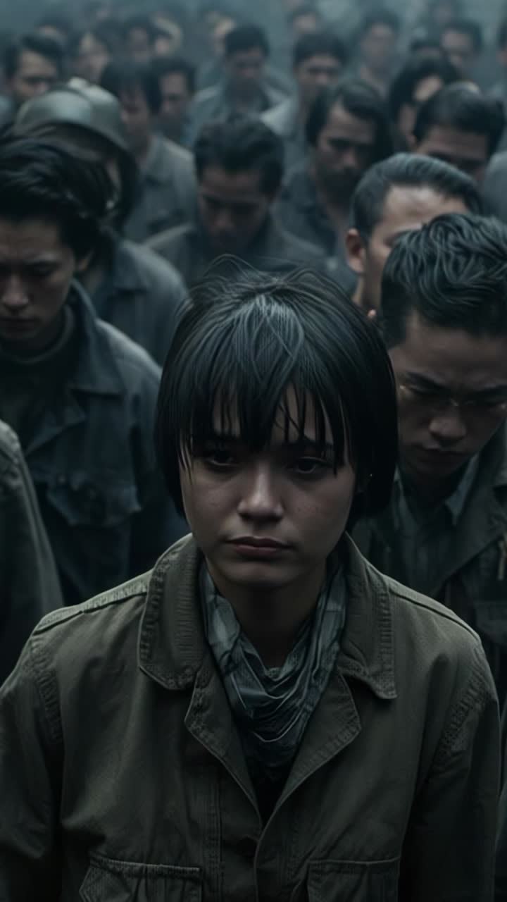 Vertical video: Standing Asian female detainee in muddy yard, wearing work helmet, awaiting orders