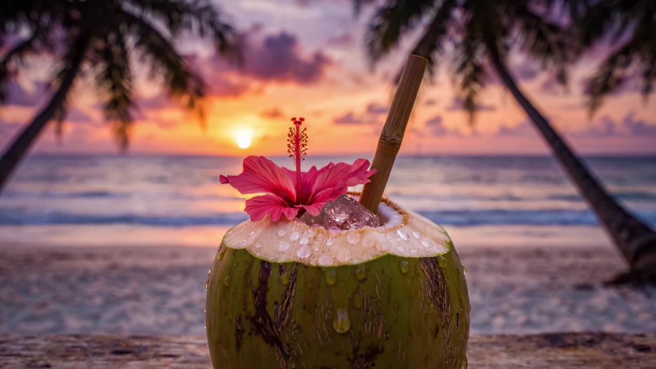 Osvěžující kokosový nápoj s tropickou květinou při západu slunce na pláži, obklopen palmami a jemnými vlnami, ideální pro relaxaci a dovolenkovou atmosféru.