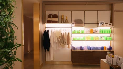 a soothing pan through a spa lobby, highlighting lush foliage on the wall and displayed products