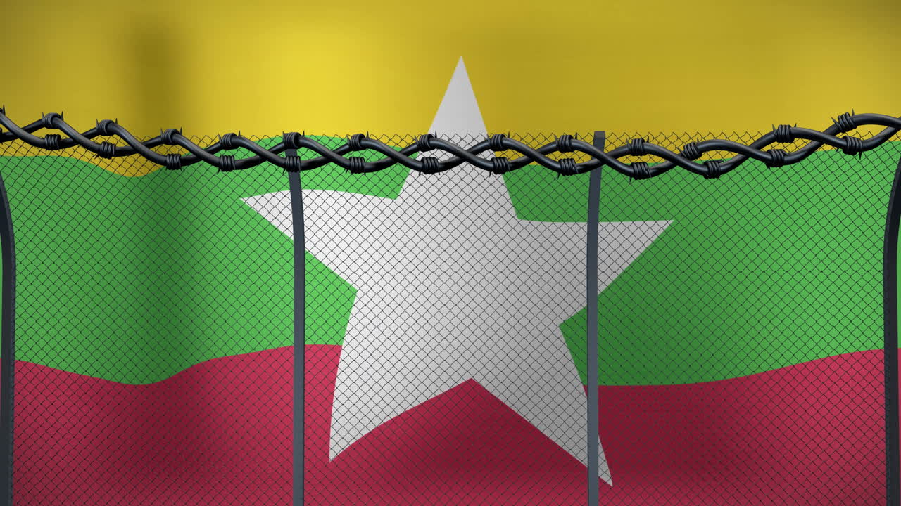 valla de alambre de púas y enlace de cadena sobre la bandera de myanmar animación