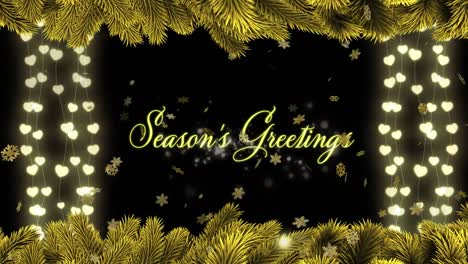 Animation-of-seasons-greetings-text-with-heart-lights,-golden-snowflakes-and-christmas-tree-border