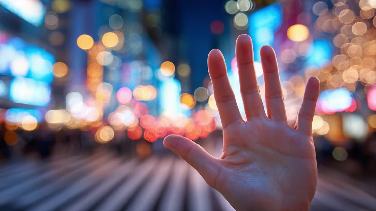 Una persona allunga la mano in un vivace paesaggio notturno urbano, illuminato da luci colorate e dalla vivace atmosfera cittadina, creando un contrasto sorprendente su uno sfondo sfocato