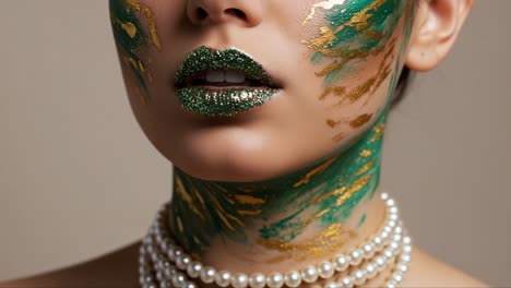 mesmerizing portrait of an artistically adorned model featuring glittering green and gold face paint, shimmering lip makeup, and lustrous pearl necklaces