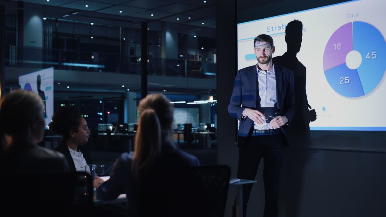 presentación de la reunión de negocios de la conferencia: el ejecutivo ejecutivo muestra datos a un grupo de inversores, empresarios. la pantalla del proyector muestra gráficos, ventas de productos, estrategia de crecimiento de ingresos, análisis de comercio electrónico