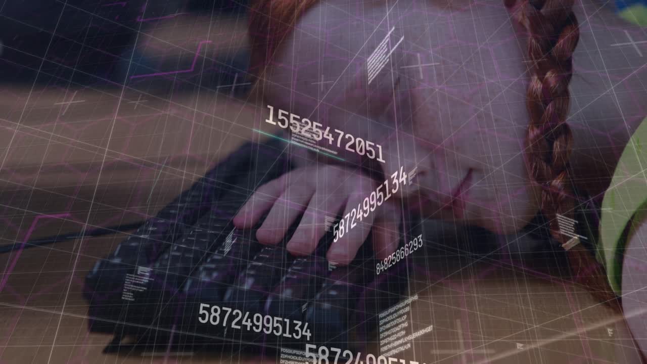 Animation of digital data processing over girl sleeping on keyboard