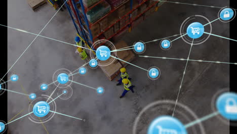 animación de la red de conexiones con iconos de carretillas de compras sobre diversas personas en los almacenes