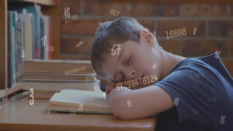 animation of looping changing numbers over caucasian boy sleeping on book in classroom