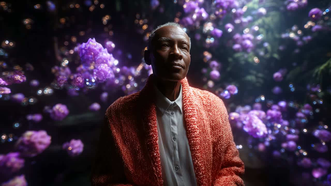 A Serene Contemplation Amidst a Dreamlike Floral Environment: Captivating Visuals of a Subject Immersed in a Vibrant Field of Lush Purple Flowers, Creating a Tranquil and Reflective Atmosphere