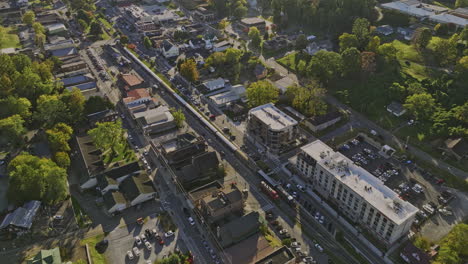 blue ridge georgia aerial v10 birds eye view drone flyover mountain town capturing views of charming townscape and scenic railway depot surrounded by greenery - shot with mavic 3 cine - october 2022