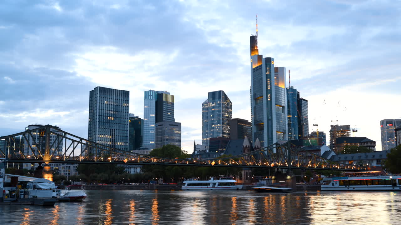 View of the skyline of Frankfurt from across river Main in the evening