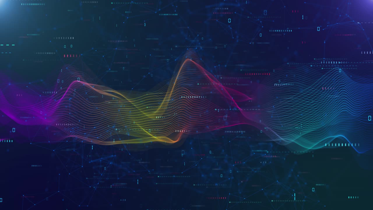 Futuristic animation shows vibrant colorful waves digital grid data flow sound visualization modern