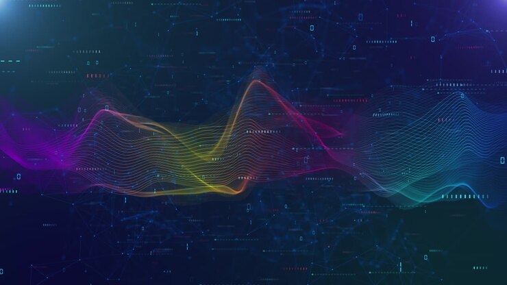 Futuristic animation shows vibrant colorful waves digital grid data flow sound visualization modern