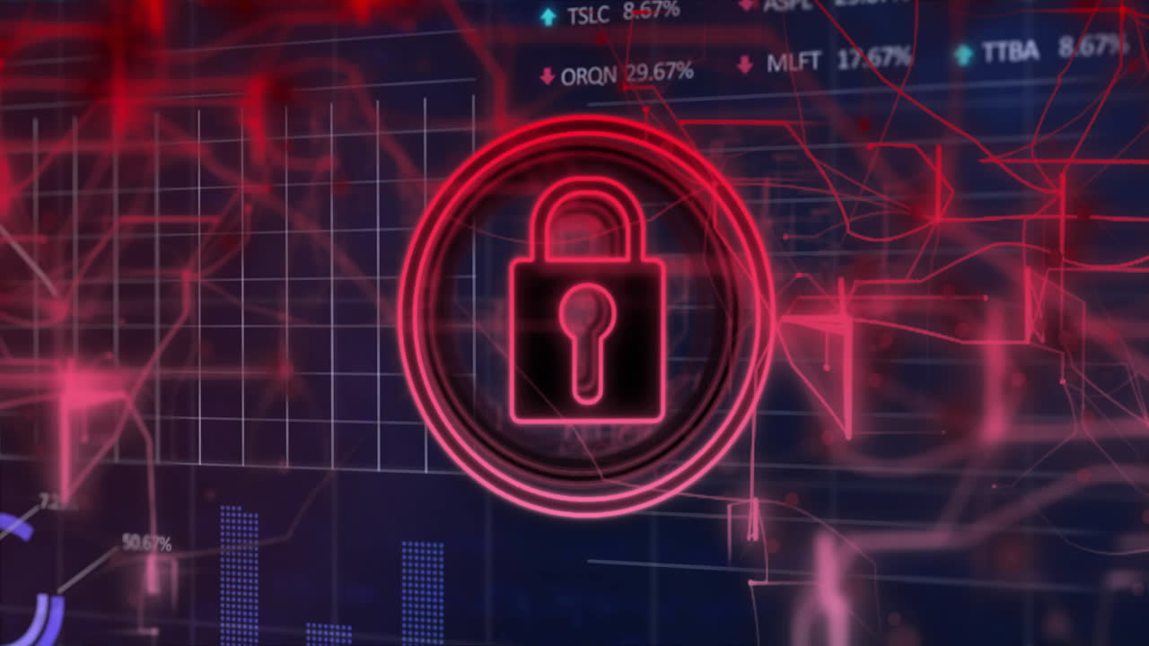 Red padlock icon over digital financial data and graphs animation