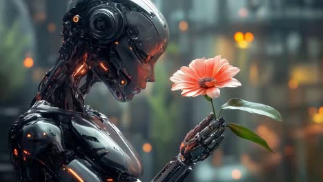 robot holding a flower