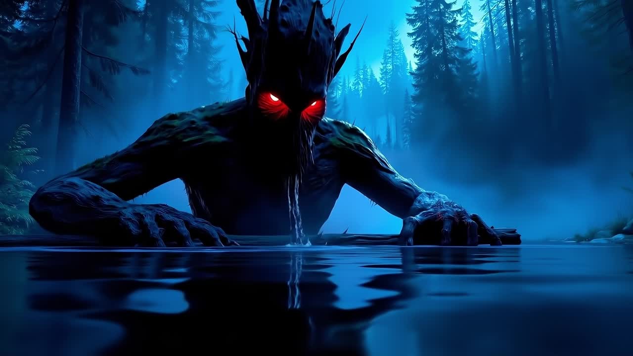 A monster with red eyes in the middle of a forest
