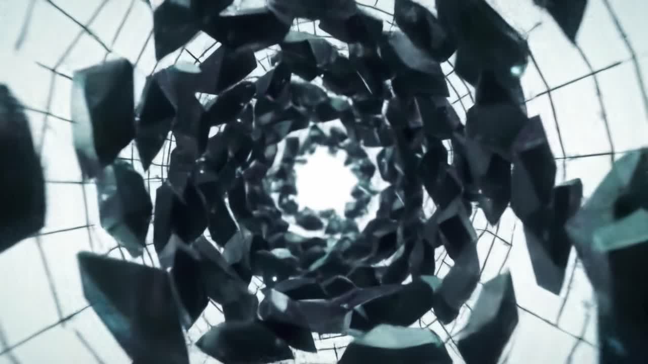 A Dynamic Visualization of Fragmentation: An Abstract Representation of Shattered Geometric Shapes in Motion, Highlighting the Intricacies of Structure and Collapse